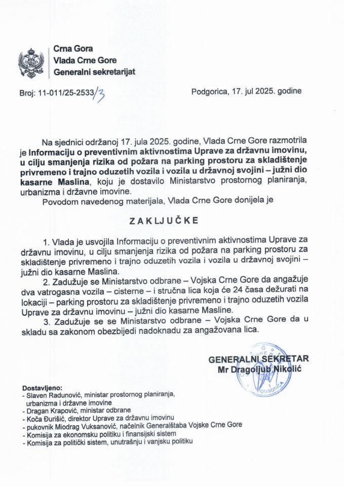 Информација о превентивним активностима Управе за државну имовину у циљу смањења ризика од пожара на паркинг простору за складиштење привремено и трајно одузетих возила и возила у државној својини - јужни дио касарне Маслина - Закључци