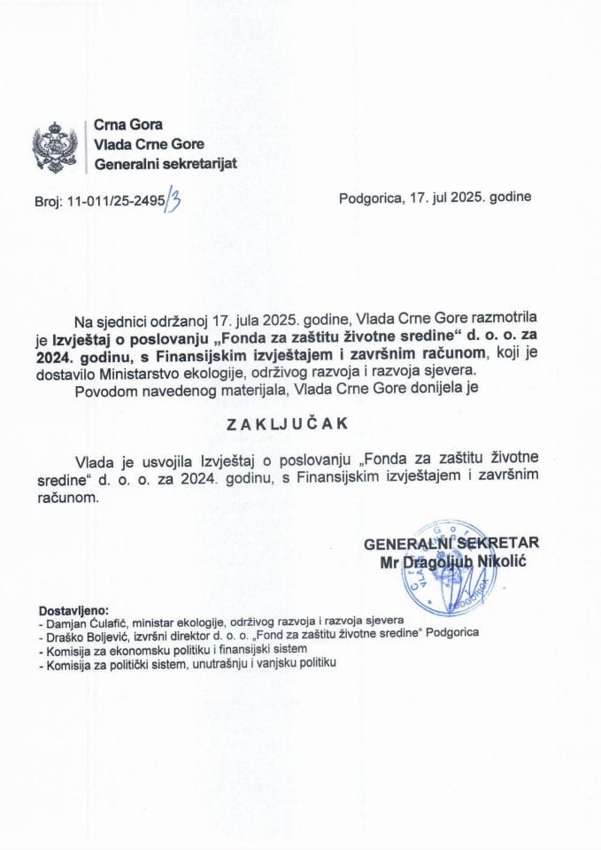 Извјештај о пословању ДОО „Фонд за заштиту животне средине“ за 2024. годину с Финансијским извјештајем и Завршним рачуном - Закључци