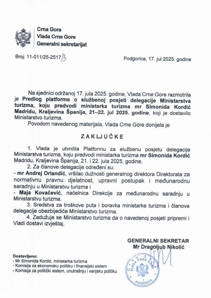 Предлог платформе о службеној посјети делегације Министарства туризма, коју предводи министарка туризма мр Симонида Кордић Мадриду, Краљевина Шпанија, 21 - 22. јул 2025. године - закључци