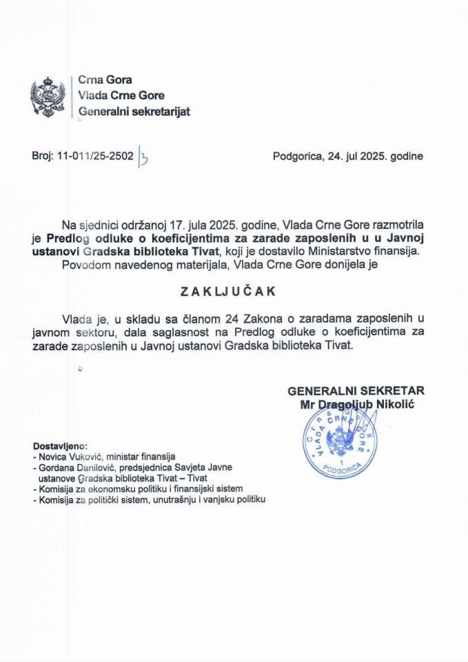Предлог одлуке о коефицијентима за зараде запослених у Јавној установи Градска библиотека Тиват - Закључци