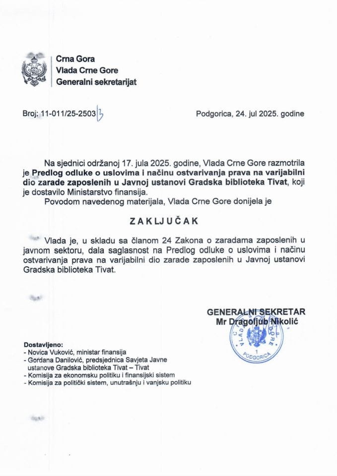 Предлог одлуке о условима и начину остваривања права на варијабилни дио зараде запослених у Јавној установи Градска библиотека Тиват - Закључци