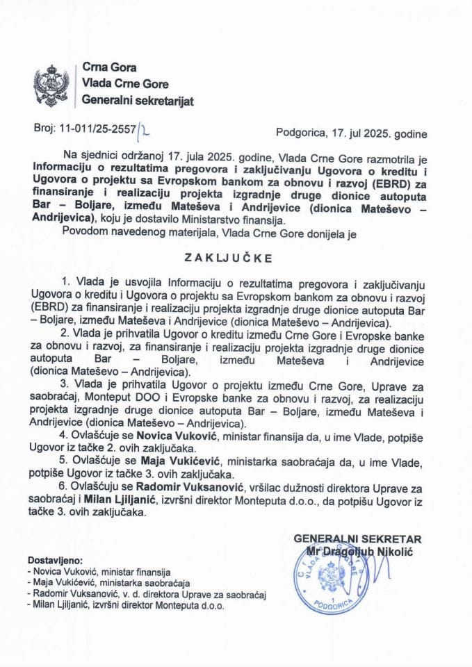 Информација о резултатима преговора и закључивању Уговора о кредиту и Уговора о пројекту са Европском банком за обнову и развој (EBRD) за финансирање и реализацију пројекта изградње друге дионице аутопута Бар - Бољаре - Закључци