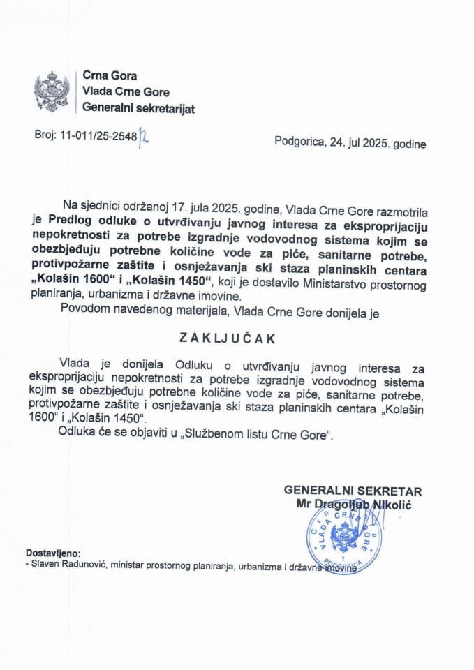 Предлог одлуке о утврђивању јавног интереса за експропријацију непокретности за потребе изградње водоводног система којим се обезбјеђују потребне количине воде за пиће, осњежавање ски стаза планинских центара "Колашин 1600" и "Колашин 1450" - Закључци