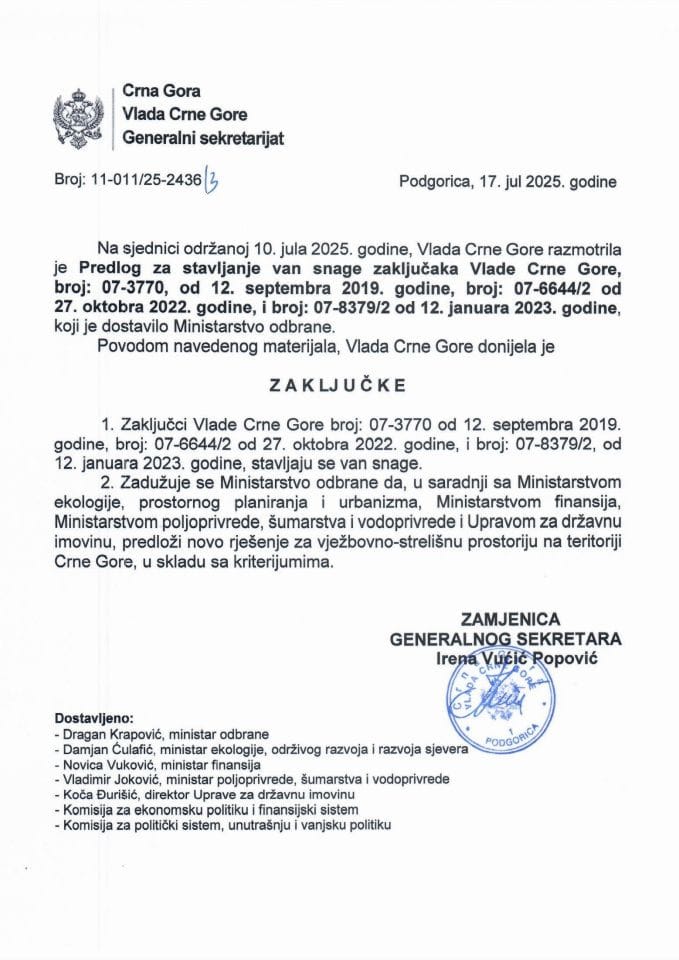 Predlog za stavljanje van snage zaključaka Vlade Crne Gore, broj: 07-3770, od 12. septembra 2019. godine, broj: 07-6644/2, od 27. oktobra 2022. godine i broj: 07-8379/2, od 12. januara 2023. godine - zaključci