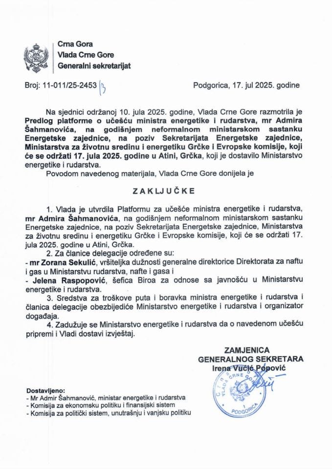 Predlog platforme o učešću ministra energetike i rudarstva mr Admira Šahmanovića na godišnjem neformalnom ministarskom sastanku Energetske zajednice - zaključci