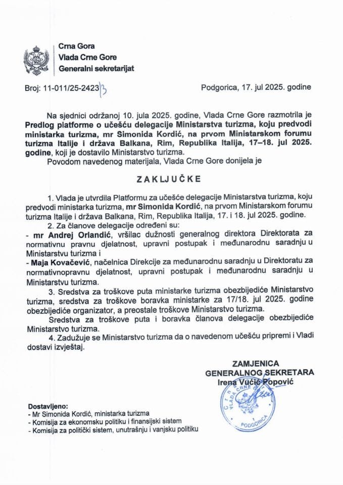 Predlog platforme o učešću delegacije Ministarstva turizma, koju predvodi ministarka turizma mr Simonida Kordić, na prvom Ministarskom forumu turizma Italije i država Balkana, Rim, Republika Italija, 17 - 18. jul 2025. godine - zaključci