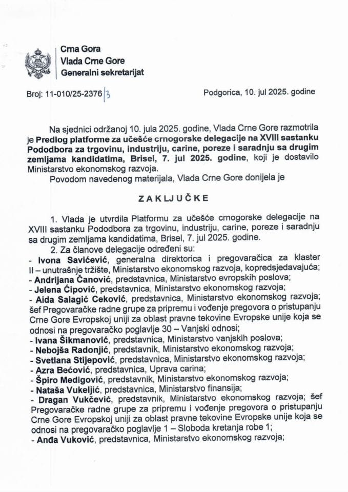 Predlog platforme za učešće crnogorske delegacije na XVIII sastanku Pododbora za trgovinu, industriju, carine, poreze i saradnju sa drugim zemljama kandidatima, Brisel, 7. jul 2025. godine - zaključci