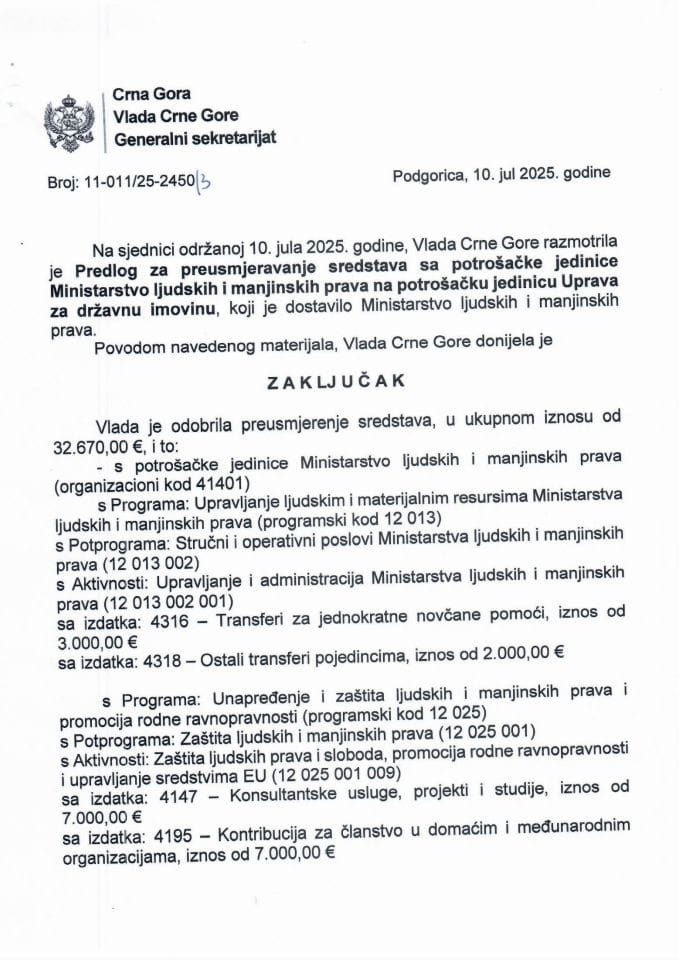 Predlog za preusmjeravanje sredstava sa potrošačke jedinice Ministarstvo ljudskih i manjinskih prava na potrošačku jedinicu Uprava za državnu imovinu - zaključci