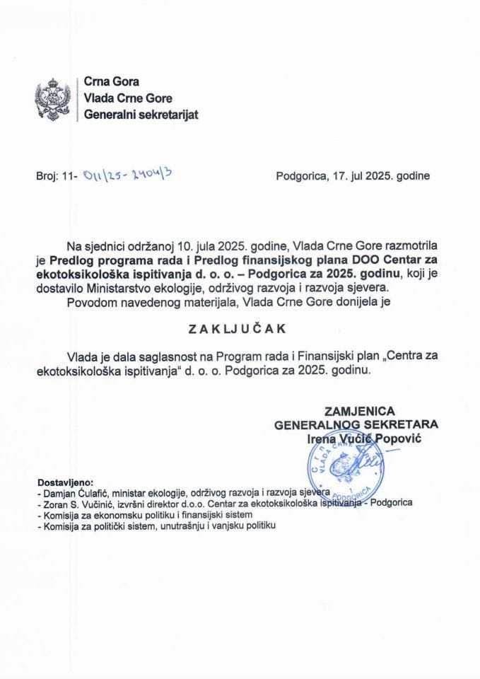 Predlog programa rada i Predlog finansijskog plana DOO „Centar za ekotoksikološka ispitivanja“ - Podgorica za 2025. godinu - zaključci