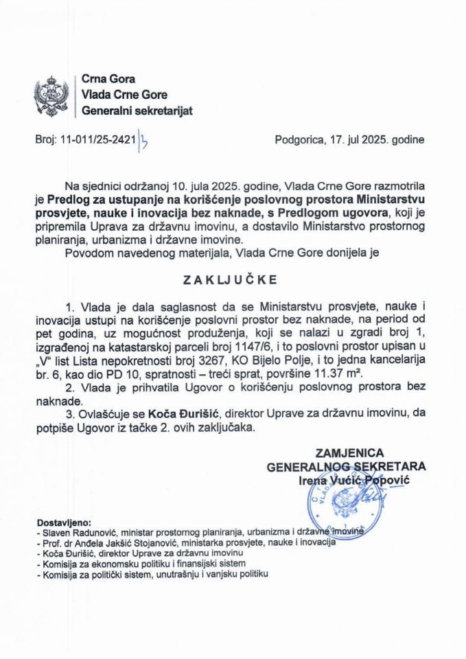 Predlog za ustupanje na korišćenje poslovnog prostora Ministarstvu prosvjete, nauke i inovacija, bez naknade s Predlogom ugovora - zaključci