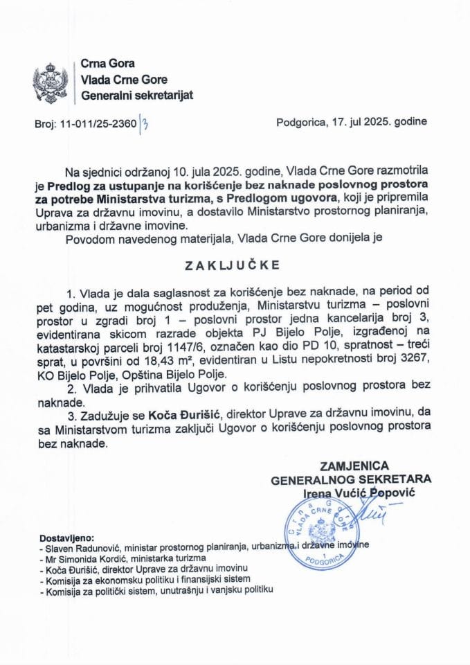 Predlog za ustupanje na korišćenje bez naknade poslovnog prostora za potrebe Ministarstva turizma s Predlogom ugovora - zaključci