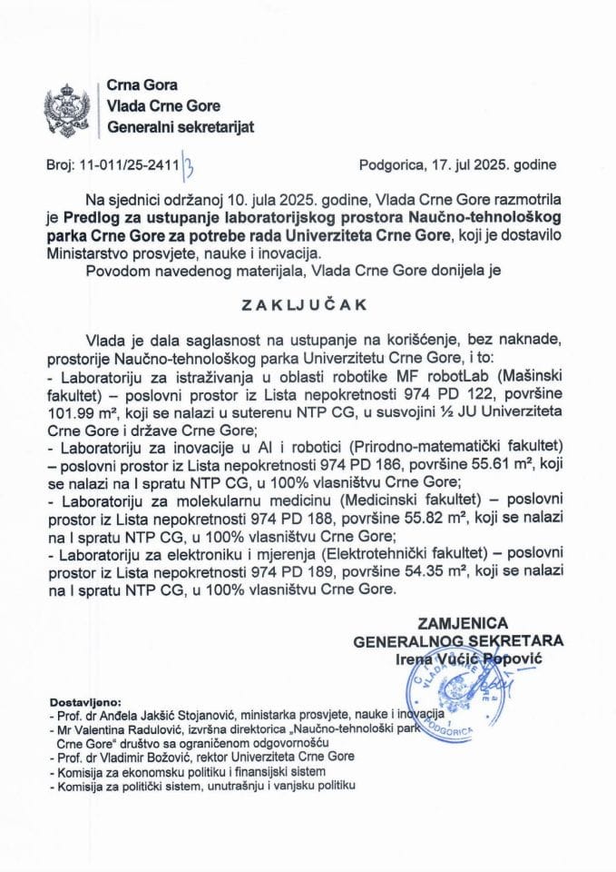 Predlog za ustupanje laboratorijskog prostora Naučno-tehnološkog parka Crne Gore za potrebe rada Univerziteta Crne Gore - zaključci