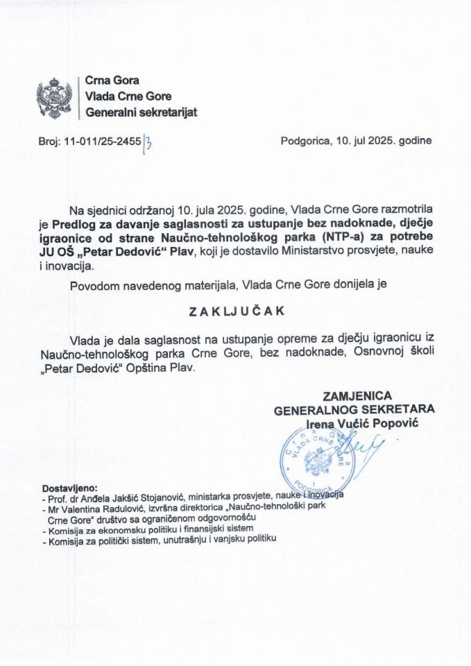 Predlog za davanje saglasnosti za ustupanje, bez nadoknade, dječje igraonice od strane Naučno-tehnološkog parka (NTP-a) za potrebe JU OŠ „Petar Dedović“ Plav - zaključci