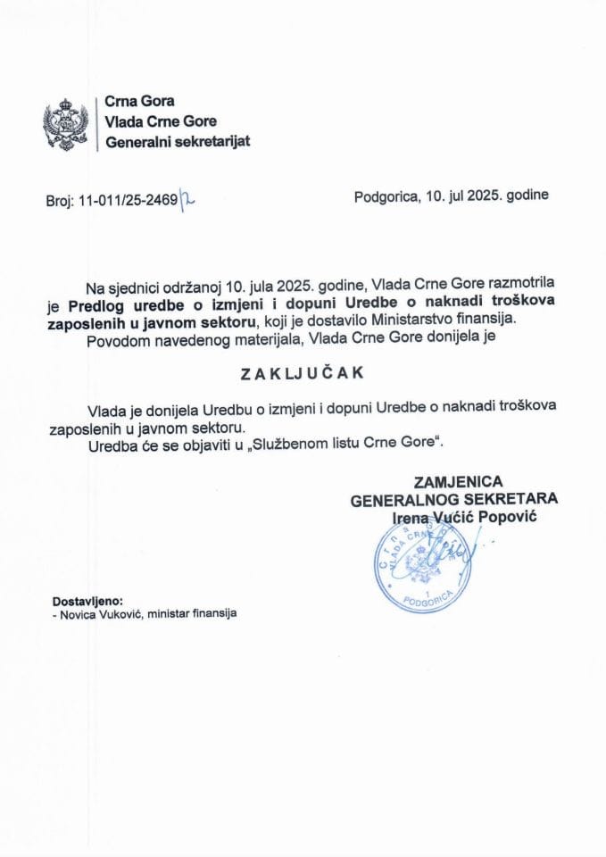 Предлог уредбе о измјени и допуни Уредбе о накнади трошкова запослених у јавном сектору - закључци