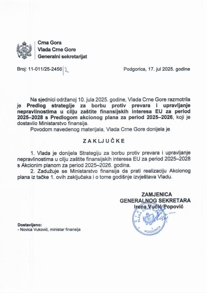 Predlog strategije za borbu protiv prevara i upravljanje nepravlinostima u cilju zaštite finansijskih interesa EU za period 2025-2028 s Predlogom akcionog plana za period 2025-2026 - zaključci