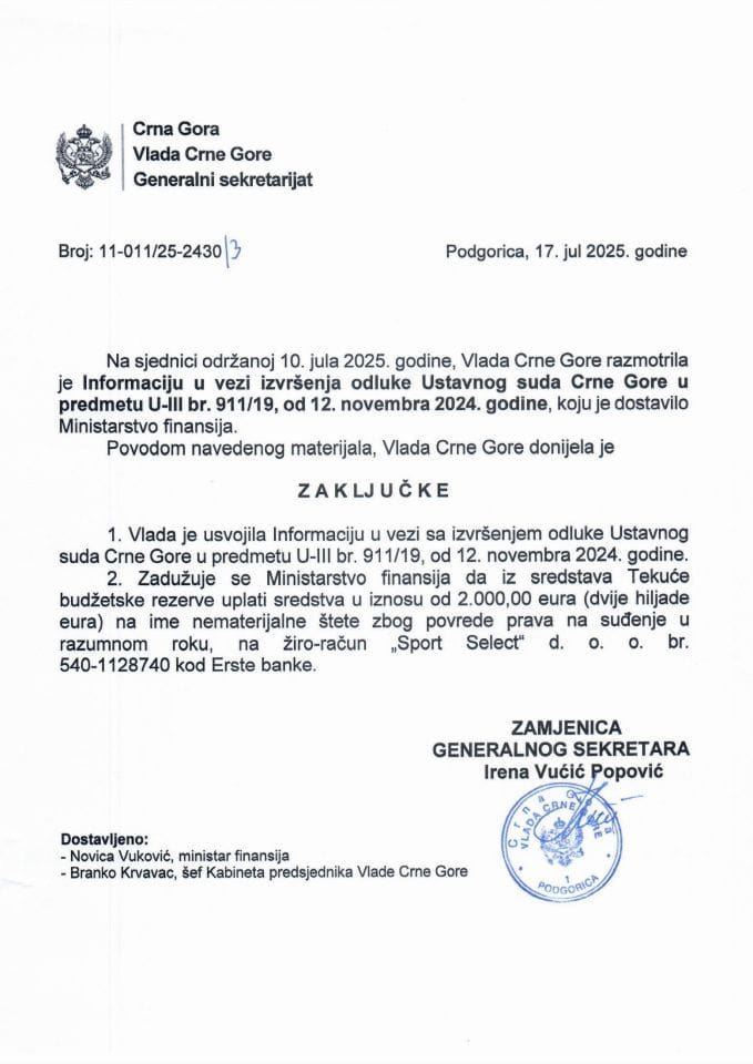 Informacija u vezi izvršenja odluke Ustavnog suda Crne Gore u predmetu U-III br. 911/19, od 12. novembra 2024. godine - zaključci
