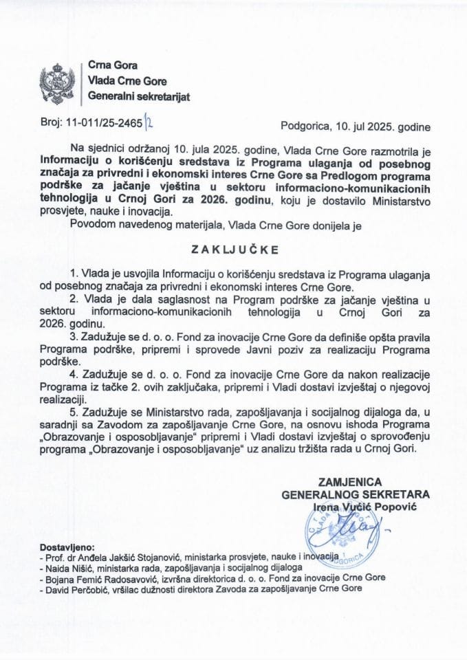 Informacija o korišćenju sredstava iz Programa ulaganja od posebnog značaja za privredni i ekonomski interes Crne Gore sa Predlogom programa podrške za jačanje vještina u sektoru informaciono-komunikacionih tehnologija - zaključci