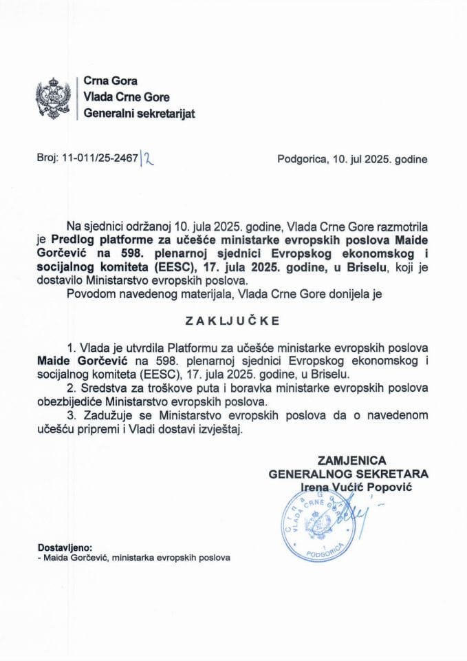 Predlog platforme za učešće ministarke evropskih poslova Maide Gorčević na 598. plenarnoj sjednici Evropskog ekonomskog i socijalnog komiteta (EESC), 17. jula 2025. godine, u Briselu - zaključci