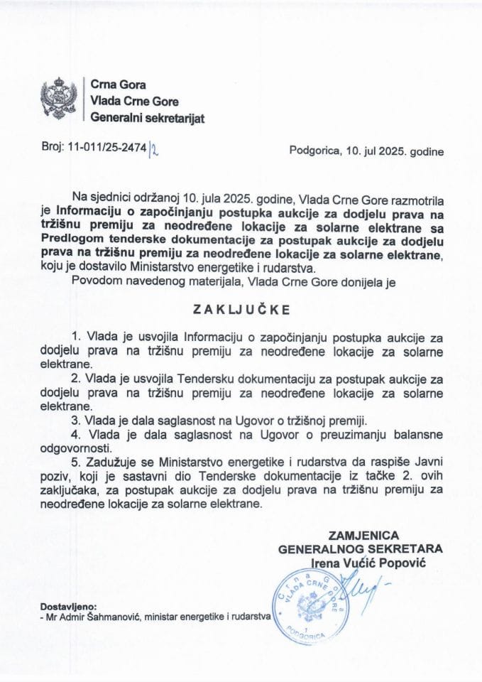 Informacija o započinjanju postupka aukcije za dodjelu prava na tržišnu premiju za neodređene lokacije za solarne elektrane sa Predlogom tenderske dokumentacije za postupak aukcije - zaključci