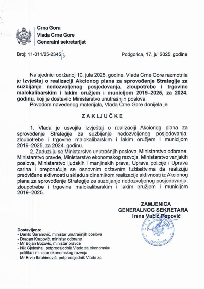 Izvještaj o realizaciji Akcionog plana za sprovođenje Strategije za suzbijanje nedozvoljenog posjedovanja, zloupotrebe i trgovine malokalibarskim i lakim oružjem i municijom 2019-2025, za 2024. godinu - zaključci