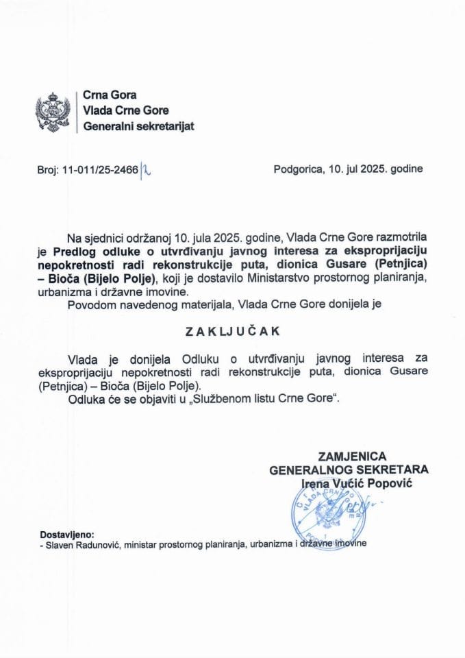 Predlog odluke o utvrđivanju javnog interesa za eksproprijaciju nepokretnosti radi rekonstrukcije puta, dionica Gusare (Petnjica)-Bioča (Bijelo Polje) - zaključci