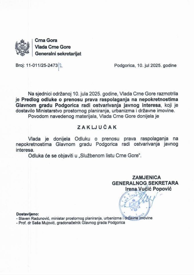 Predlog odluke o prenosu prava raspolaganja na nepokretnostima Glavnom gradu Podgorica radi ostvarivanja javnog interesa - zaključci