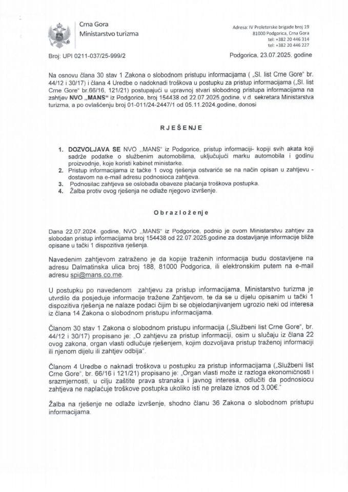 Rješenje - Slobodan pristup informacijama - UPI 0211-037-25-999-2 Mreža za afirmaciju nevladinog sektora - MANS