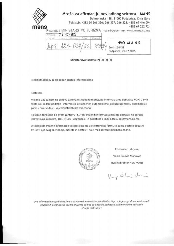 Informacije kojima je pristup odobren po osnovu zahtjeva br UPI 121-037-25-999-1 - Mreža za afirmaciju nevladinog sektora - MANS od 22.07.2025. godine