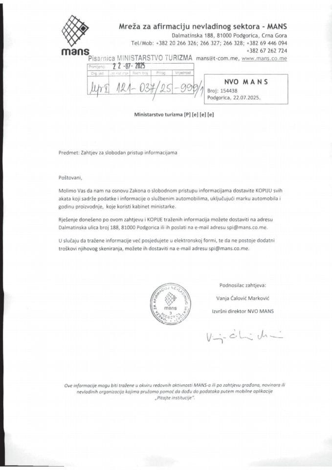 Zahtjev - Slobodan pristup informacijama - UPI 121-037-25-999-1 - Mreža za afirmaciju nevladinog sektora - MANS