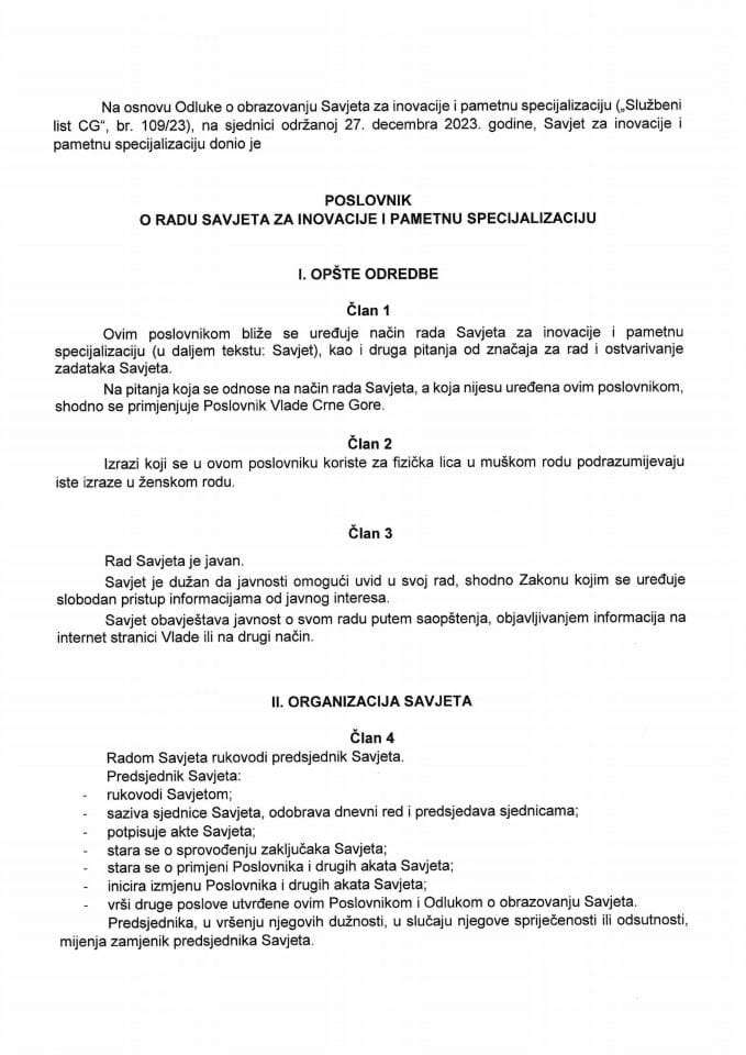 Poslovnik o radu Savjeta za inovacije i pametnu specijalizaciju