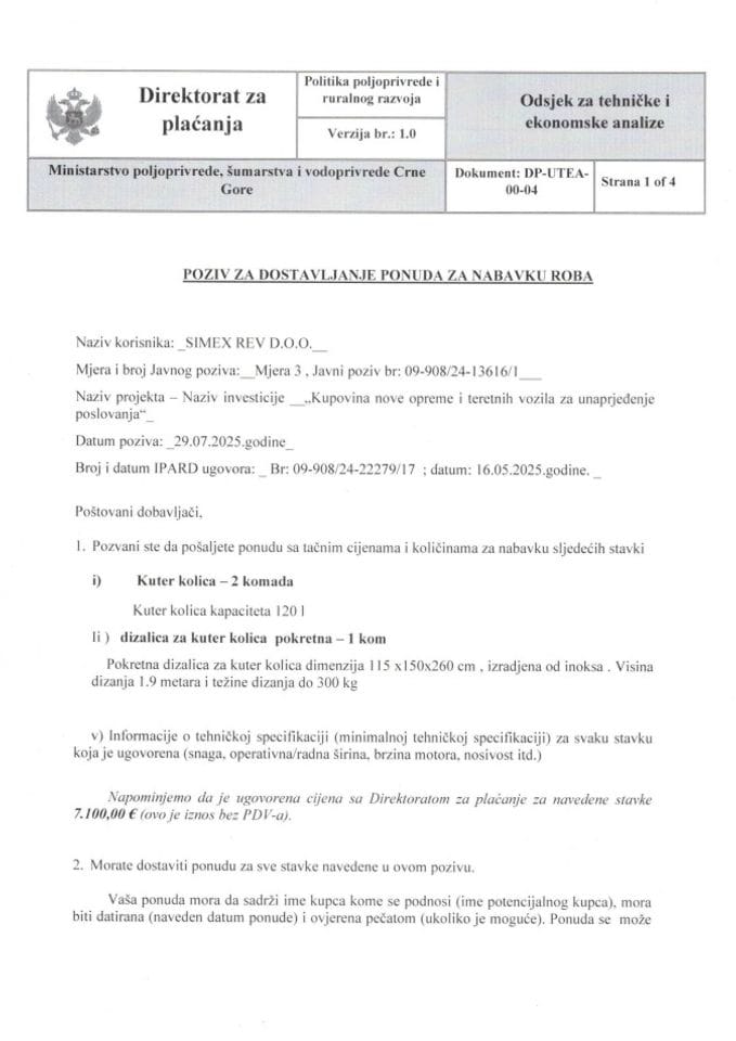 poziv za dostavljanje ponuda- kuter kolica i dizalica za kuter kolica