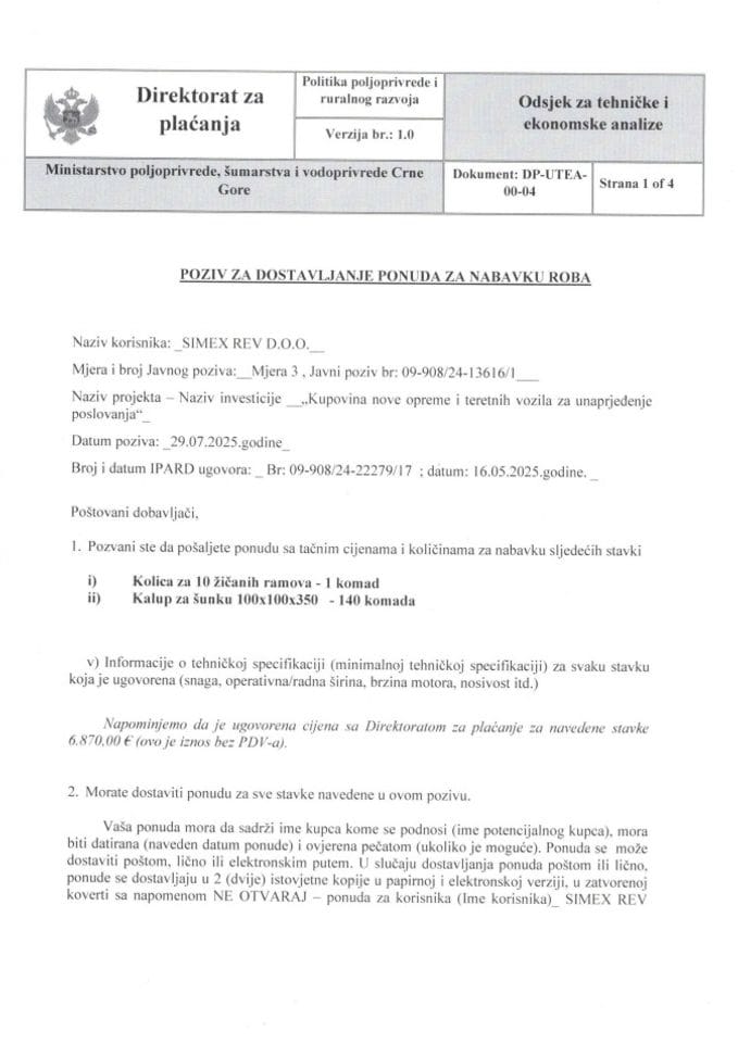poziv za dostavljanje ponuda - kolica za 10 žičanih ramova i kalup za šunku