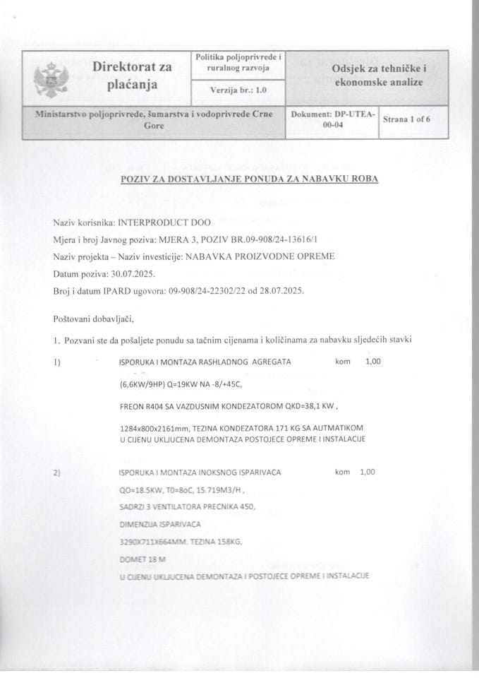 Poziv za dost. ponuda za nabavku crnogorski