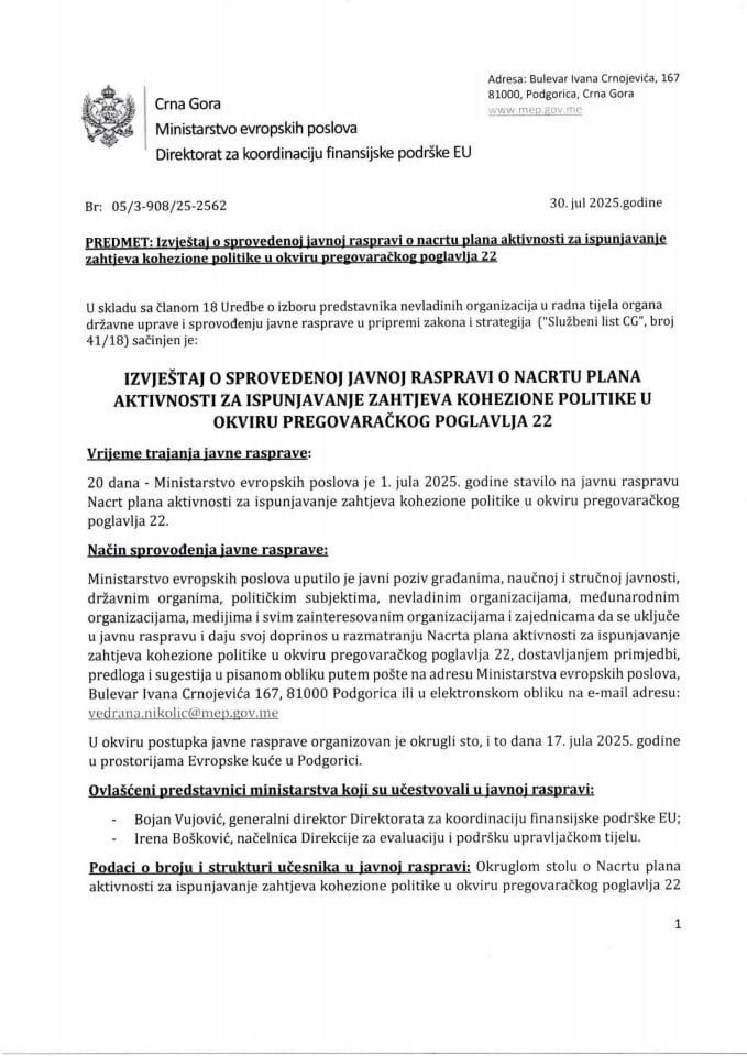 Izvještaj o sprovedenoj javnoj raspravi o nacrtu plana aktivnosti za ispunjavanje zahtjeva kohezione politike u okviru PP22