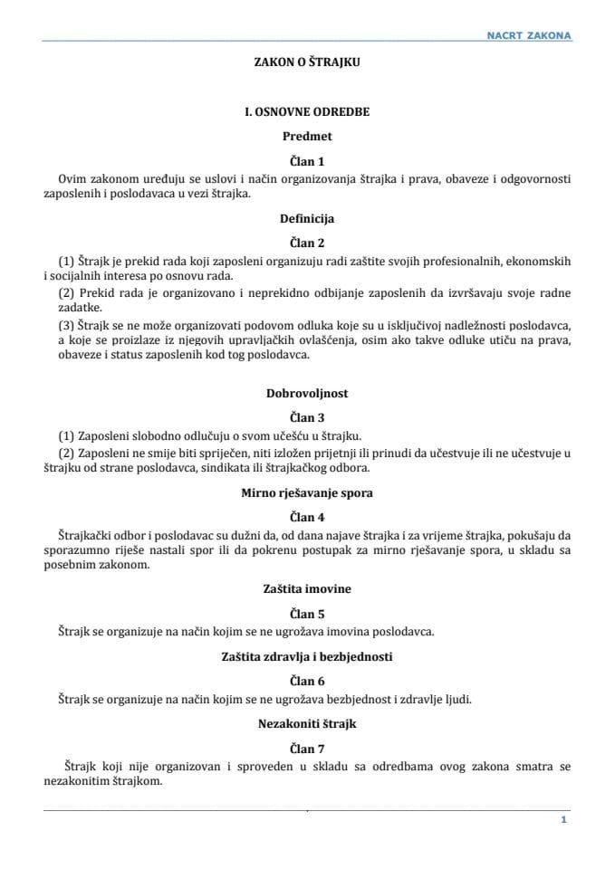 Zakon o strajku - NACRT sa obrazlozenjem