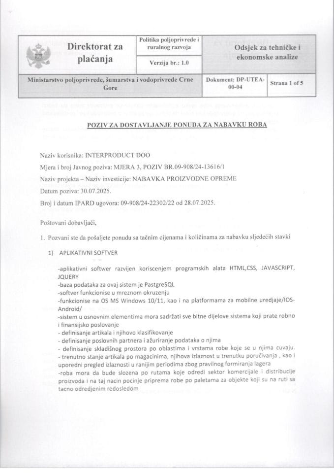 Poziv za dostavljanje ponuda CRNOGORSKI