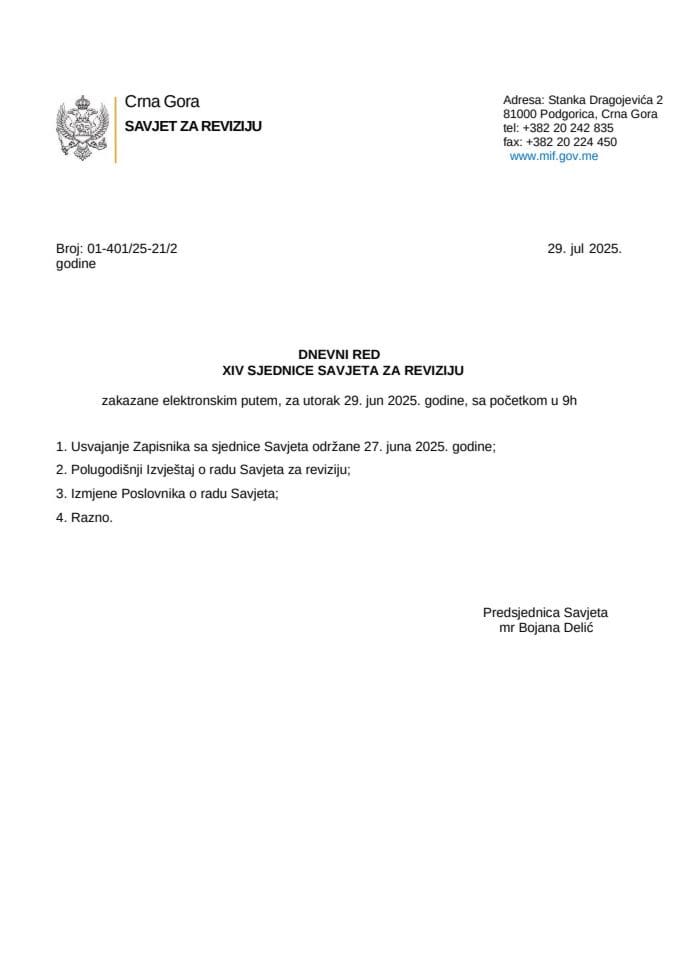 Dnevni red - XIV sjednica