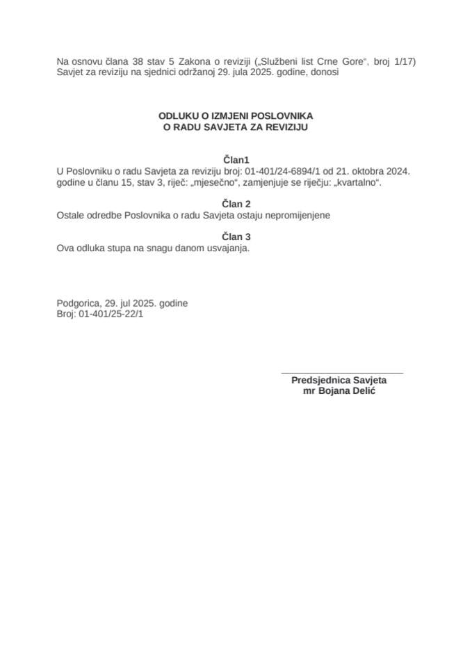 Odluka o izmjeni Poslovnika