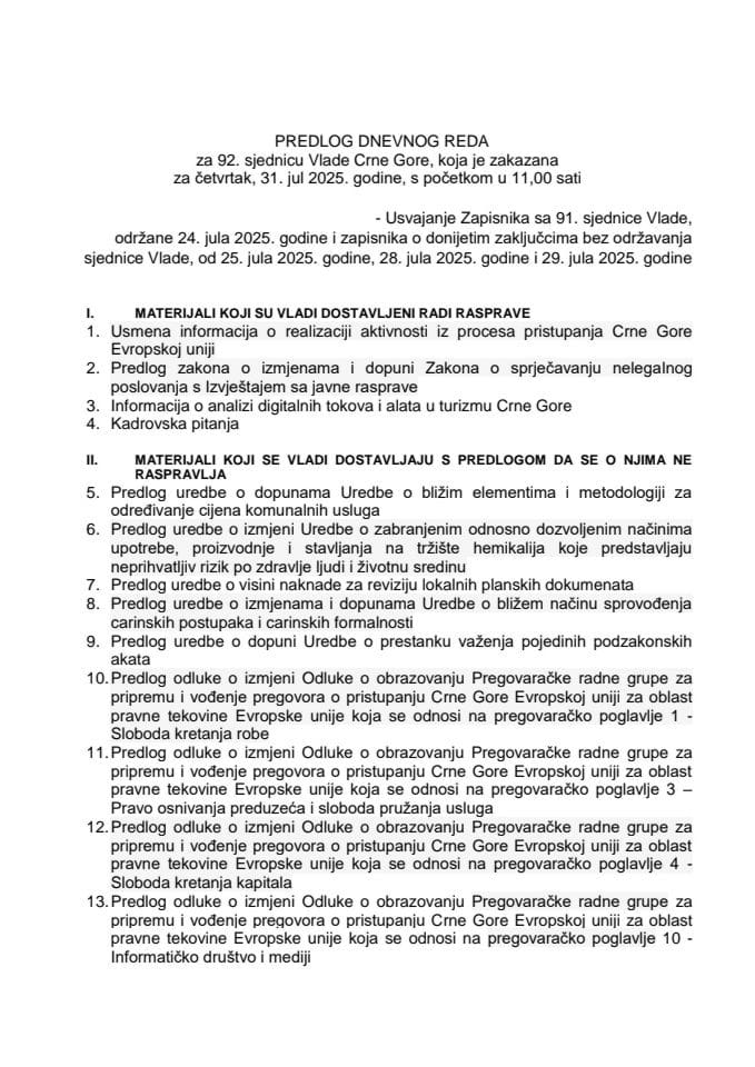 Predlog dnevnog reda za 92. sjednicu Vlade Crne Gore