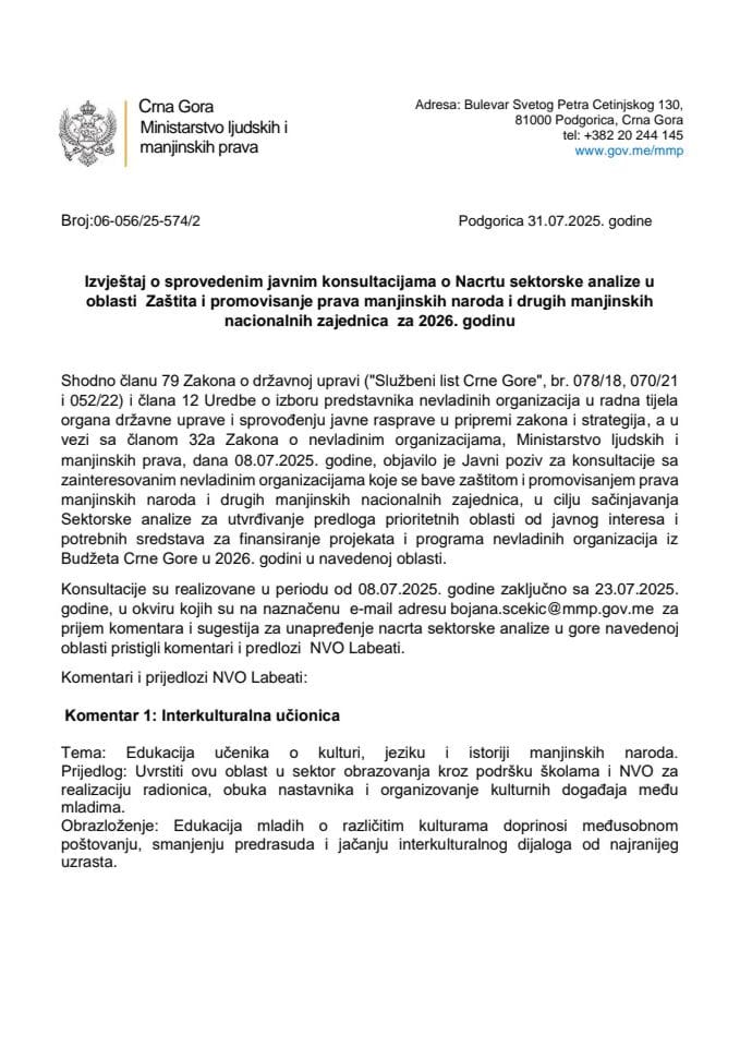 Извјештај о спроведеним јавним консултацијама о Нацрту секторске анализе у области  Заштита и промовисање права мањинских народа