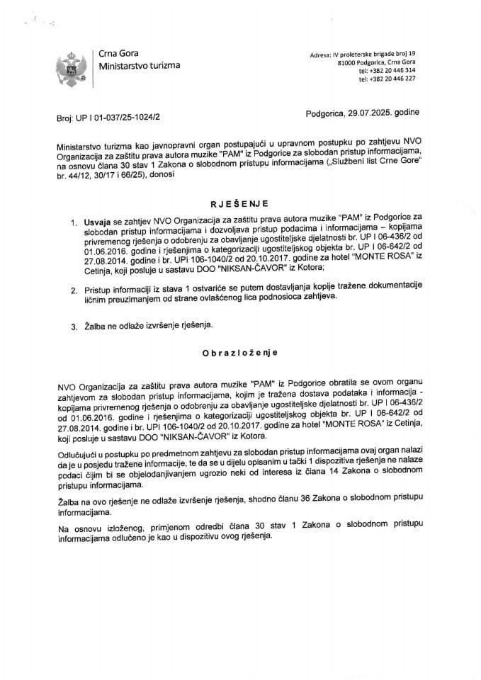 Rješenje - Slobodan pristup informacijama - UPI 01-037-25-1024-2 - NVO Organizacija za zaštitu prava autora muzike Crne Gore PAM CG