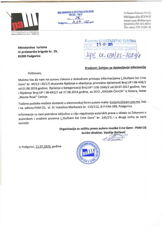 Zahtjev - Slobodan pristup informacijama - UPI 01-037-25-1024-1 - NVO Organizacija za zaštitu prava autora muzike Crne Gore PAM CG