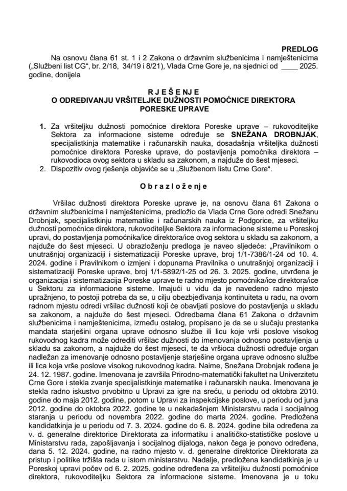 Predlog za određivanje vršiteljke dužnosti pomoćnice direktora Poreske uprave