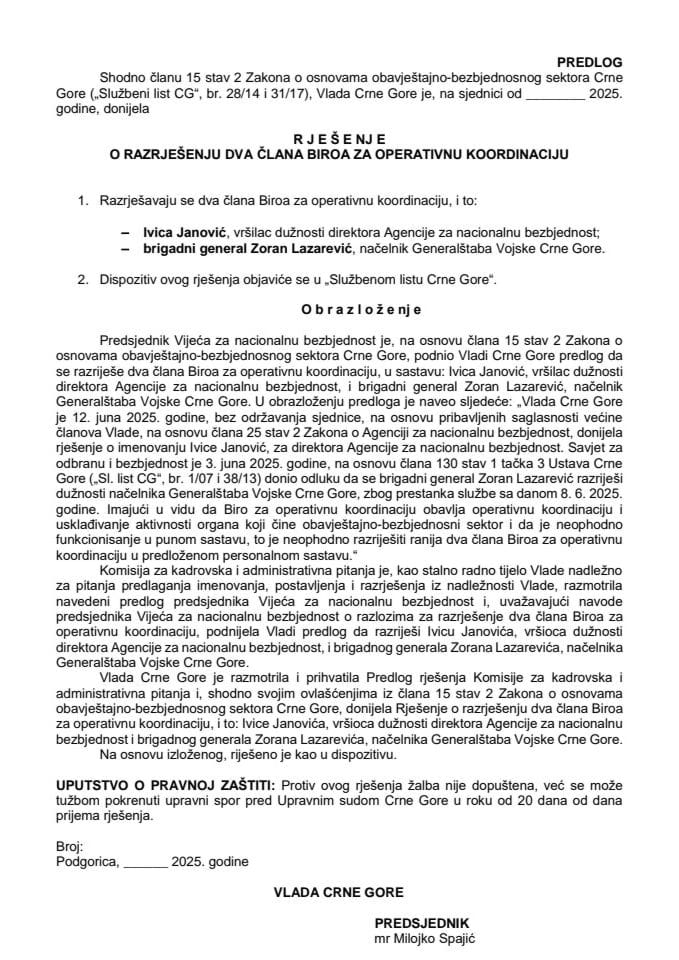 Predlog za razrješenje i imenovanje dva člana Biroa za operativnu koordinaciju