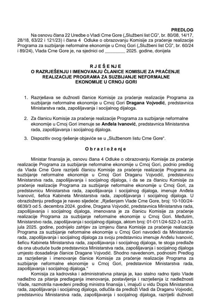 Predlog za razrješenje i imenovanje članice Komisije za praćenje realizacije Programa za suzbijanje neformalne ekonomije u Crnoj Gori