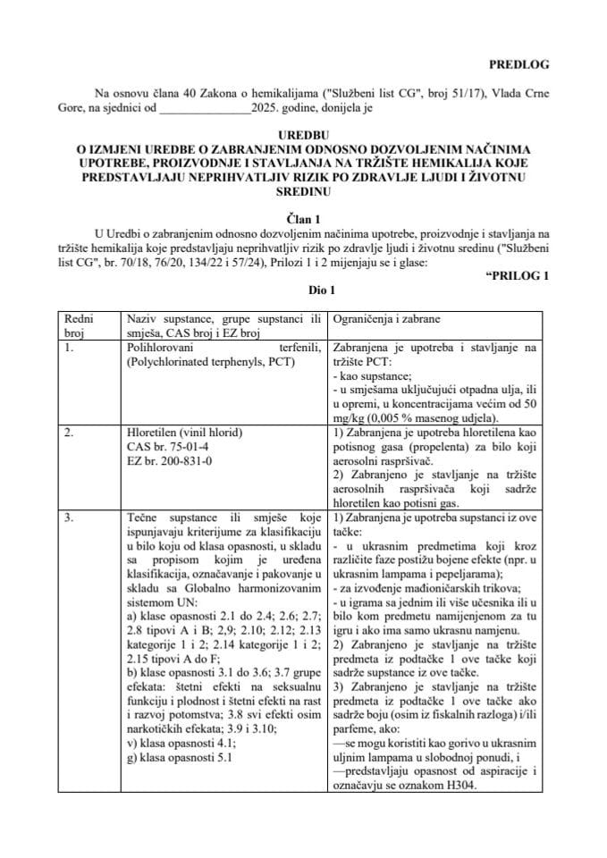 Predlog uredbe o izmjeni Uredbe o zabranjenim odnosno dozvoljenim načinima upotrebe, proizvodnje i stavljanja na tržište hemikalija koje predstavljaju neprihvatljiv rizik po zdravlje ljudi i životnu sredinu