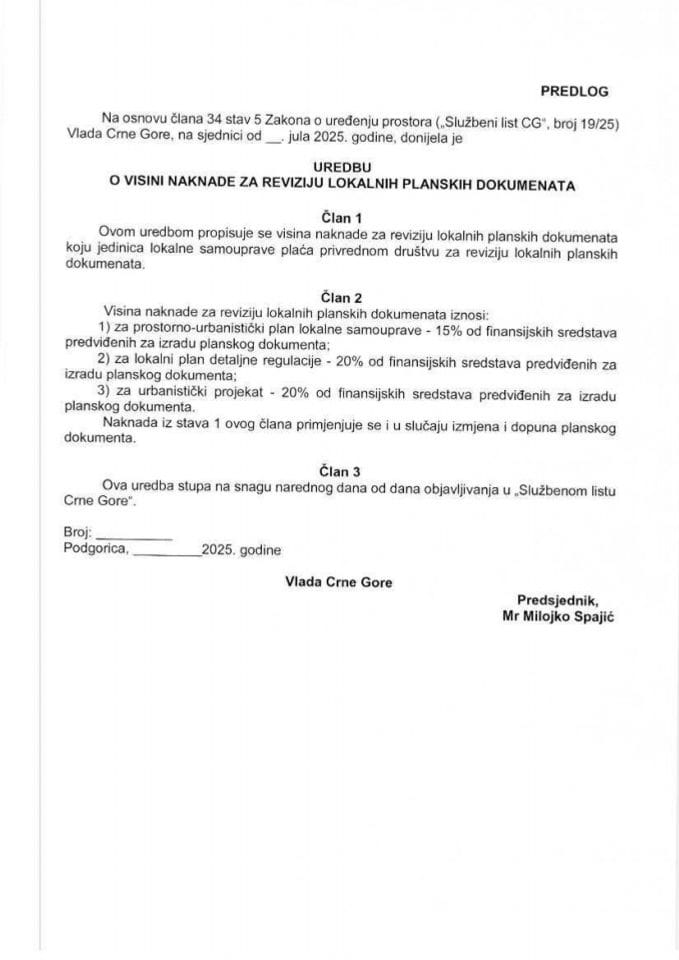 Predlog uredbe o visini naknade za reviziju lokalnih planskih dokumenata