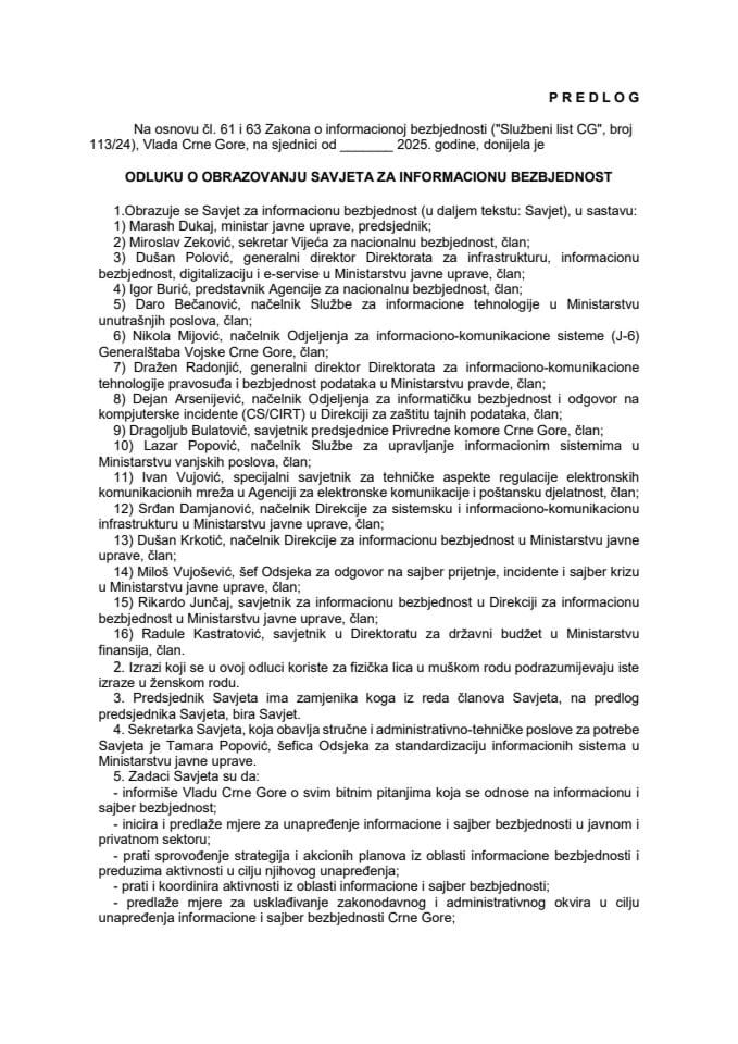 Predlog odluke o obrazovanju Savjeta za informacionu bezbjednost