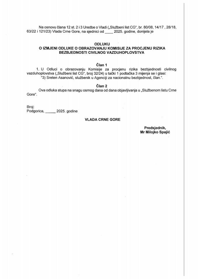 Predlog odluke o izmjeni Odluke o obrazovanju Komisije za procjenu rizika bezbjednosti civilnog vazduhoplovstva
