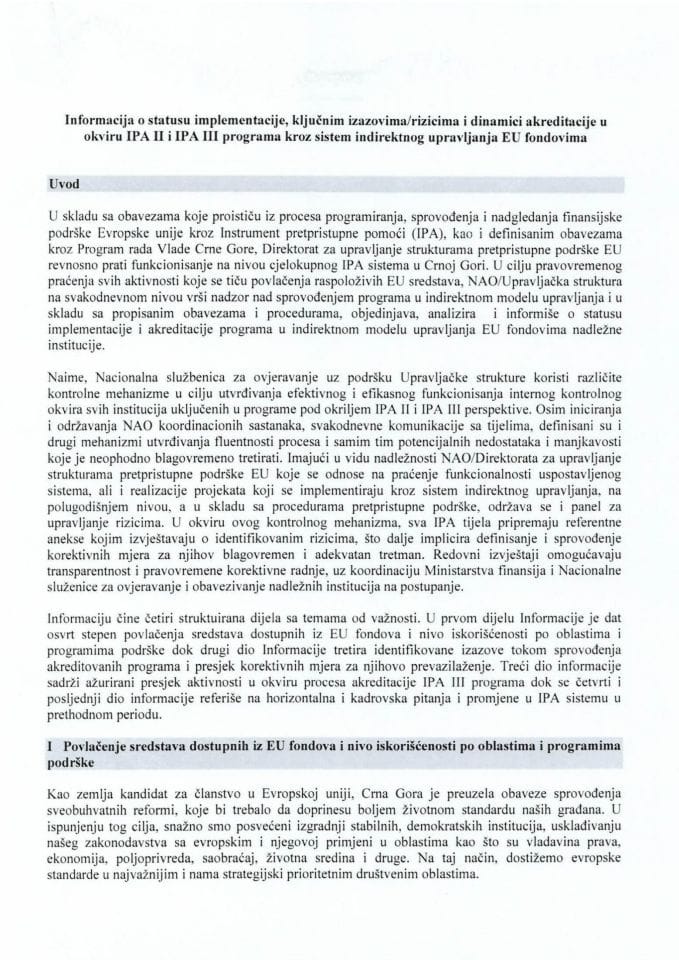 Informacija o statusu implementacije, ključnim izazovima/rizicima i dinamici akreditacije u okviru IPA II  i IPA III  programa kroz sistem indirektnog upravljanja EU fondovima